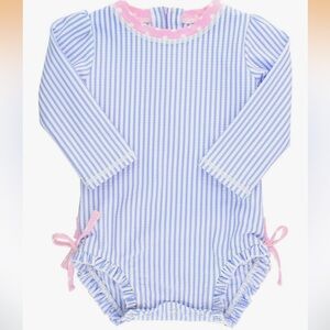 Ruffle Butts Periwinkle Blue Seersucker Long Sleeve Rash Guard Swimsuit